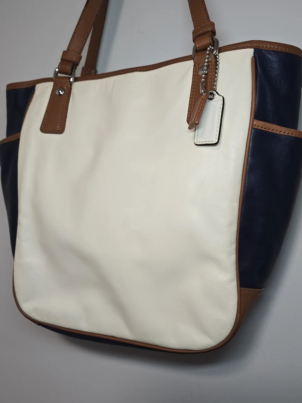 Coach Cream and Navy Tote with Brown Trim